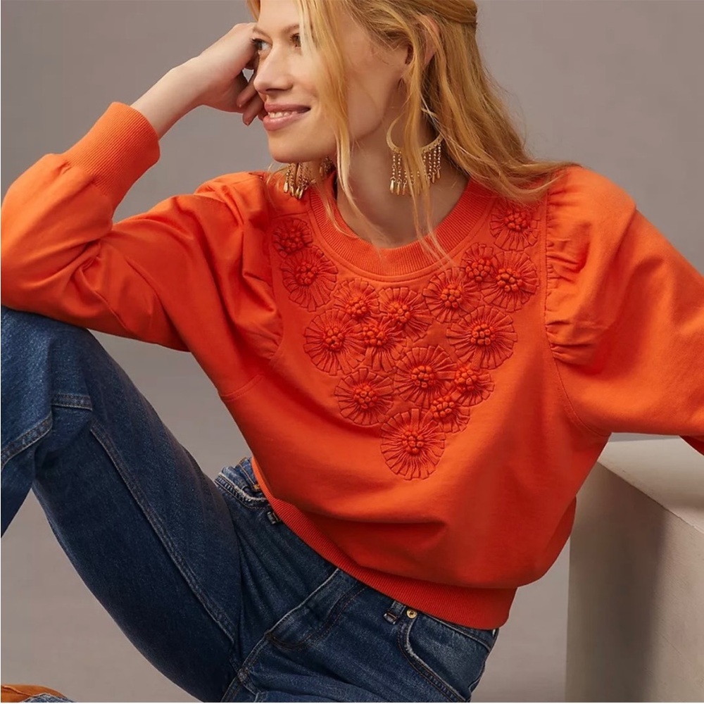 Anthropologie Orange Embroidered Sweatshirt
